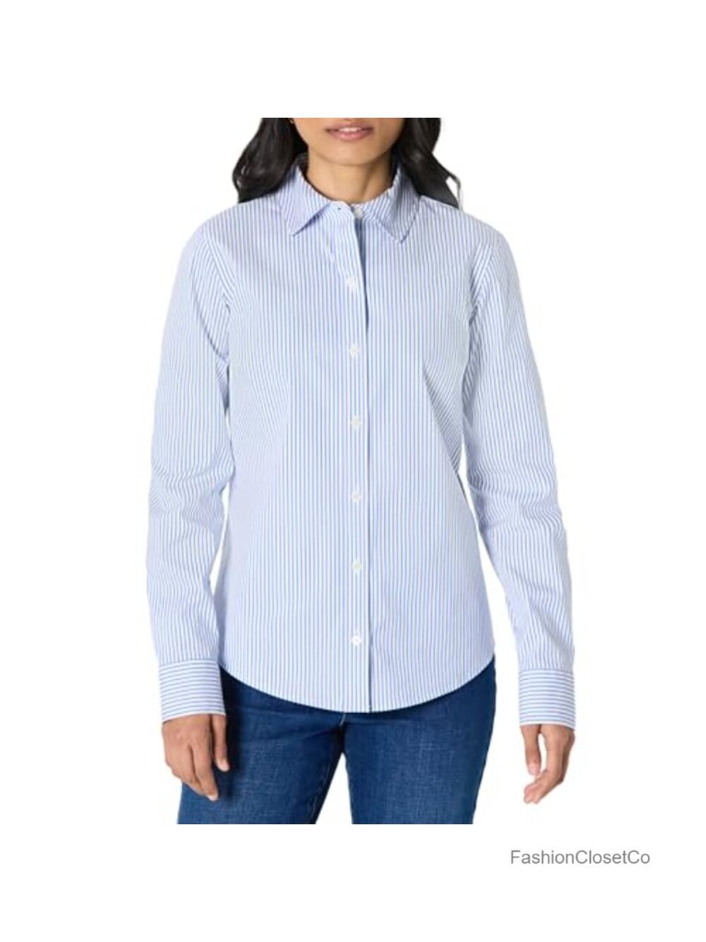 Women's Stretch Poplin Button-Up Dress Shirt Long Sleeve Regular Fit